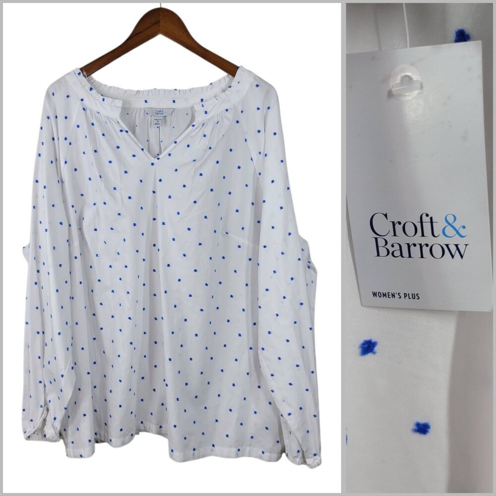 NEW Croft Barrow Top 3X Romantic Swiss Dot White Blue Peasant Boho Professional